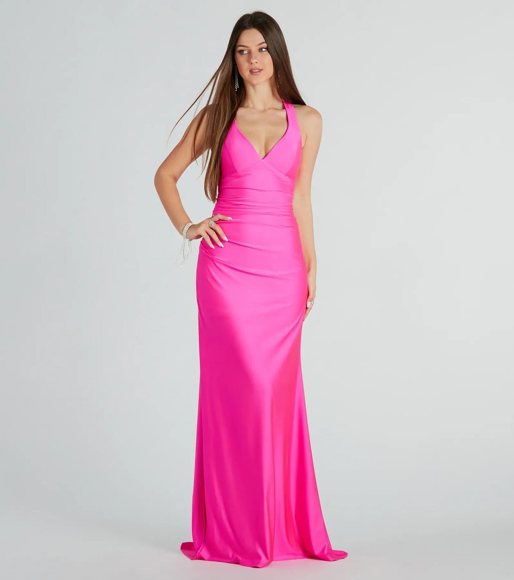 Jianne Lace-Up Back Formal Maxi Dress Royal Neon Pink Black Yellow