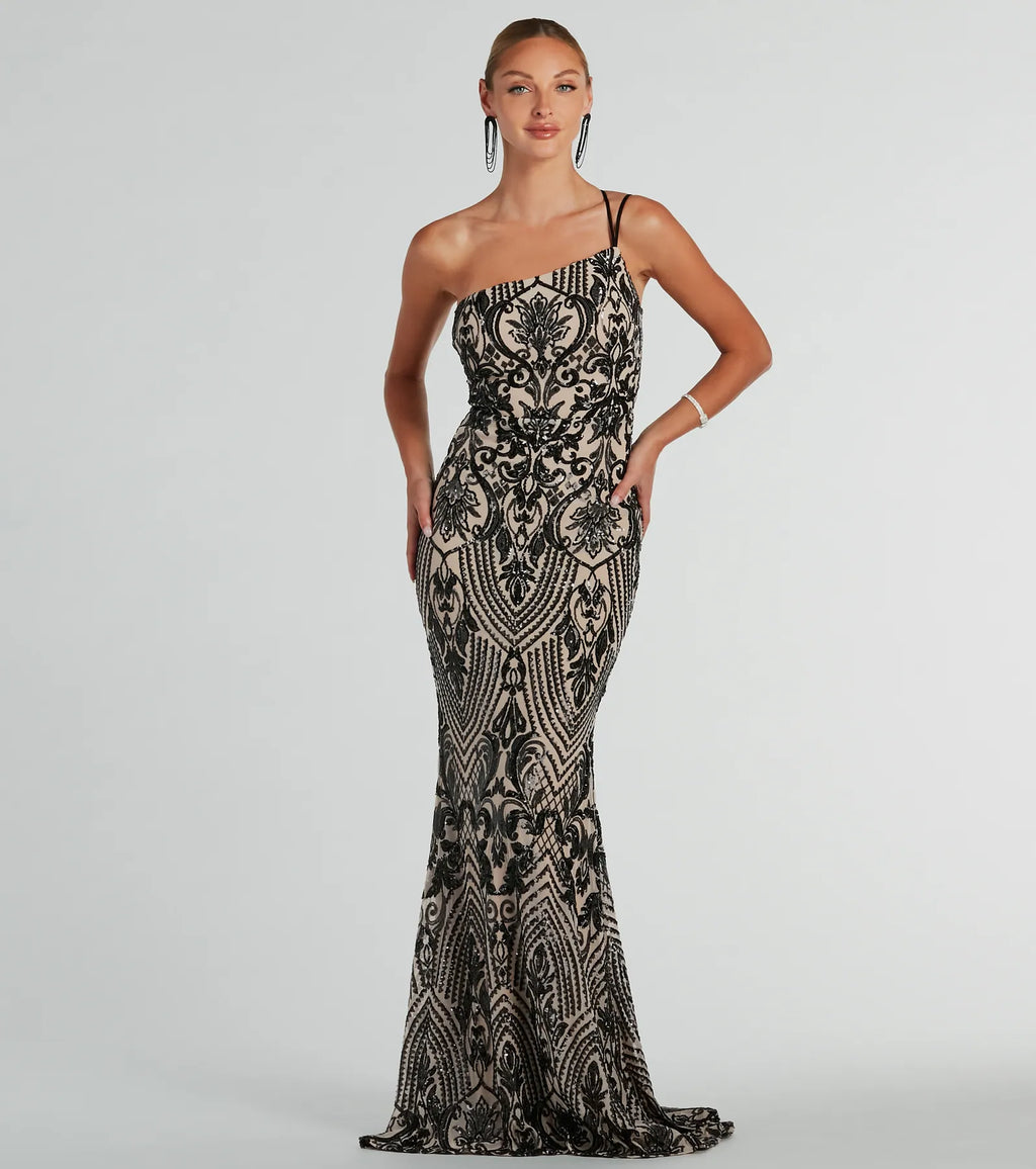 Sarah Asymmetric Sequin Mermaid Formal Dress Black Hunter