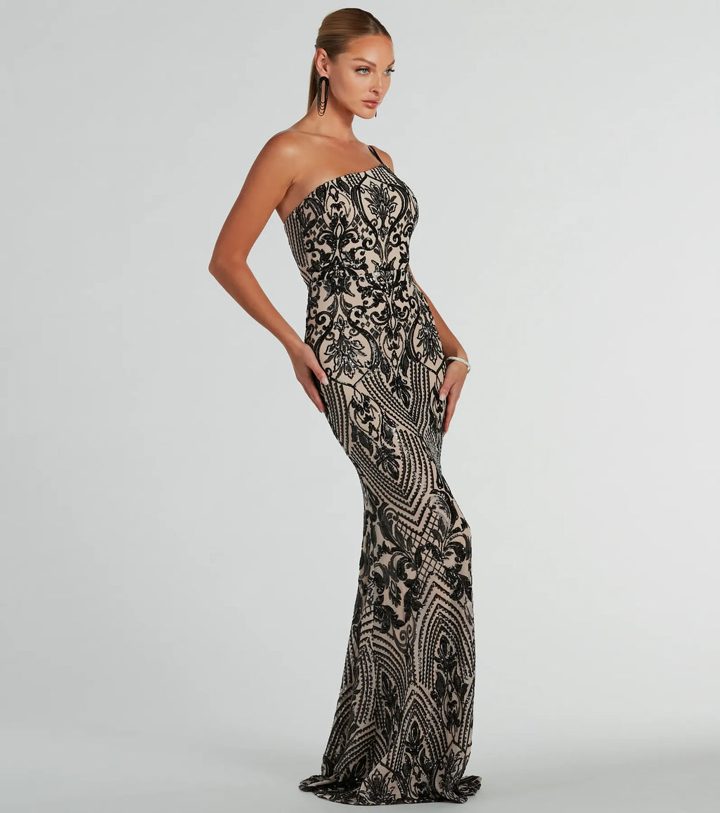 Sarah Asymmetric Sequin Mermaid Formal Dress Black Hunter