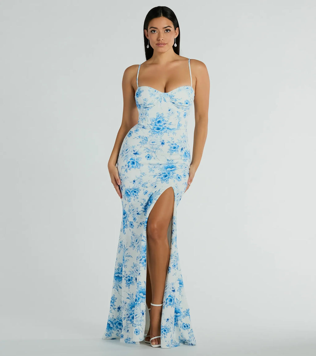 Elia high-slit floral crepe mermaid dress Blue