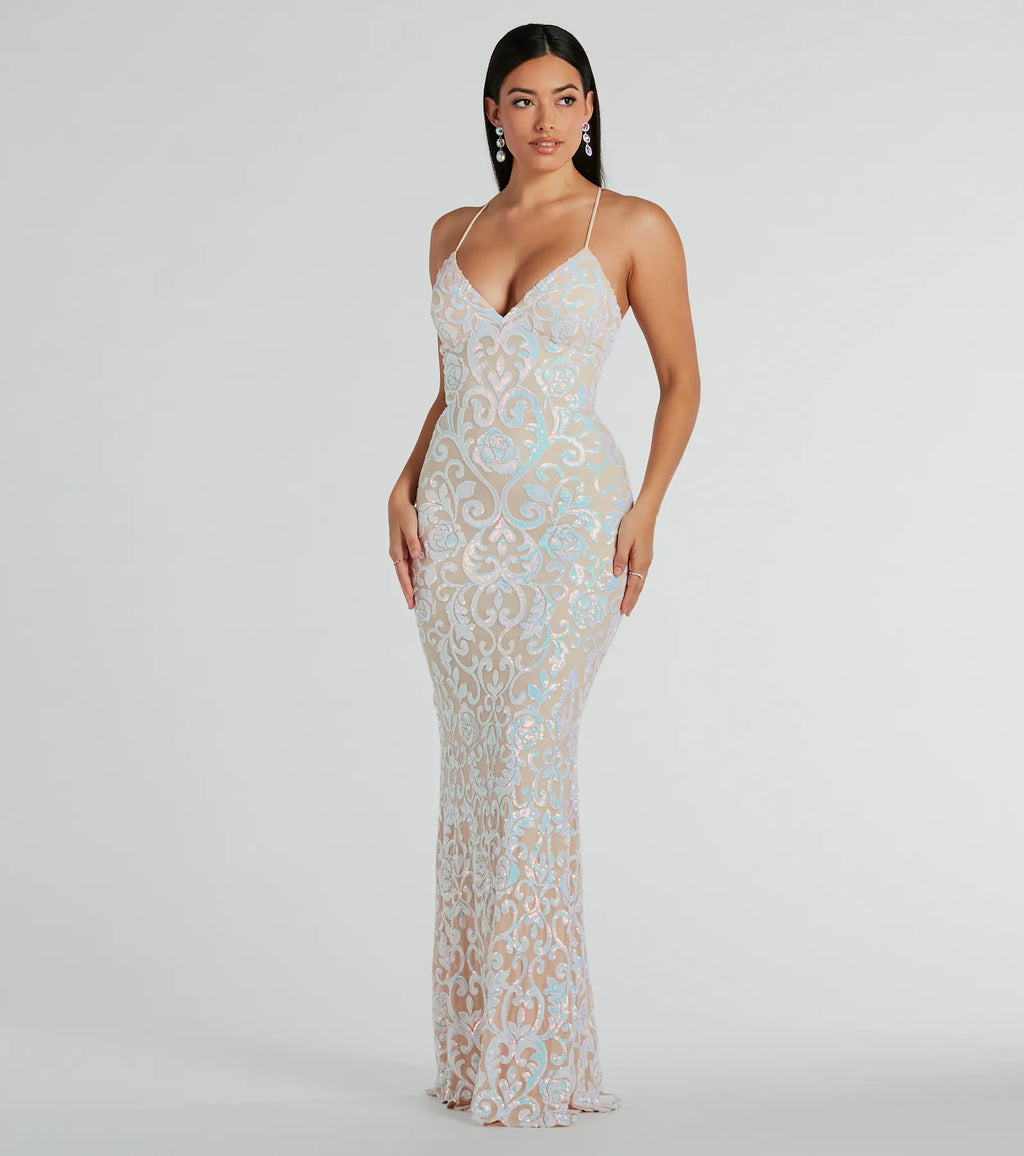 Cynthia Lace-Up Sequin Mermaid Formal Dress Neon Orange White