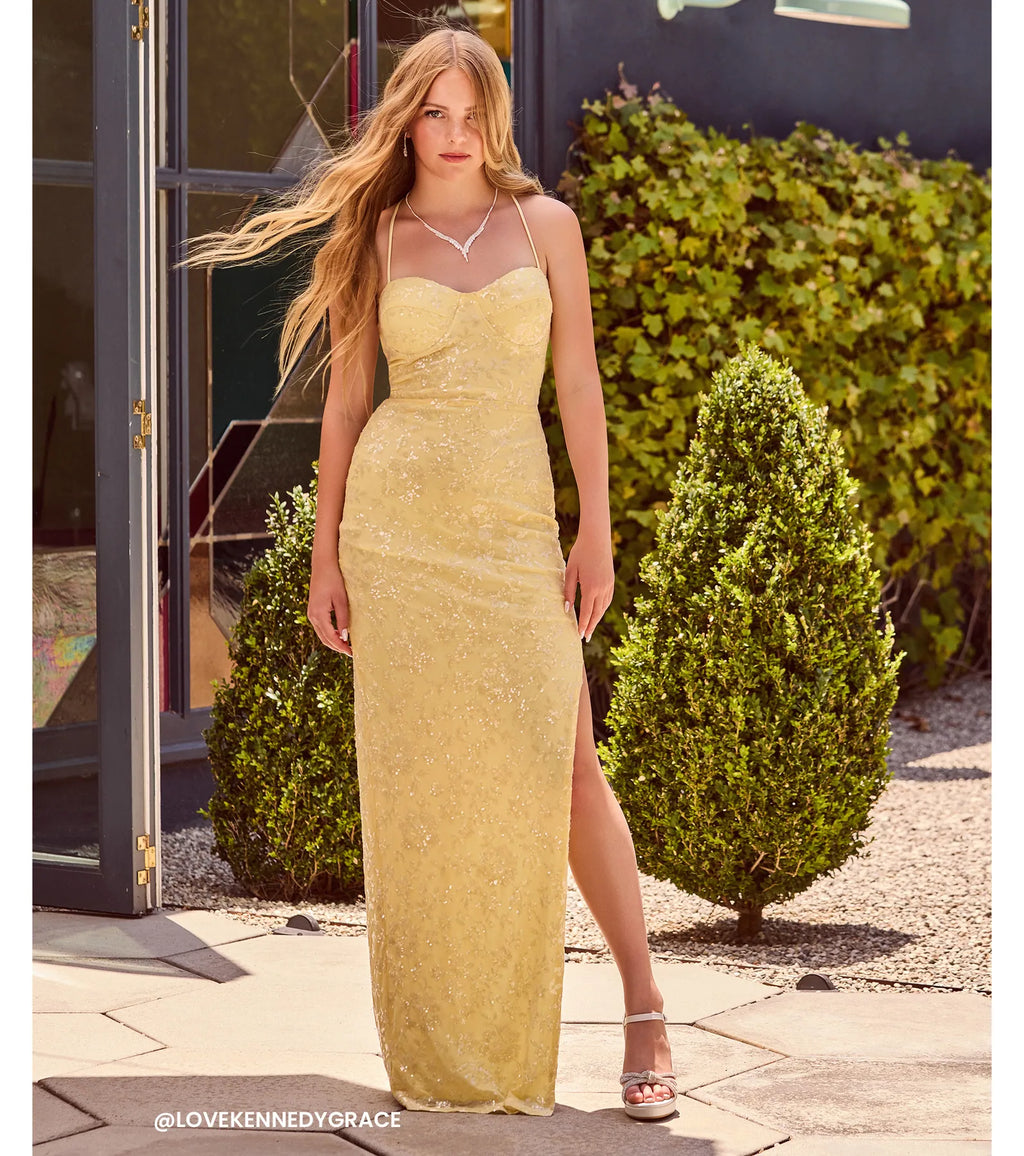 Lakelyn Floral Sequin Mesh Lace-Up Formal Dress Yellow White