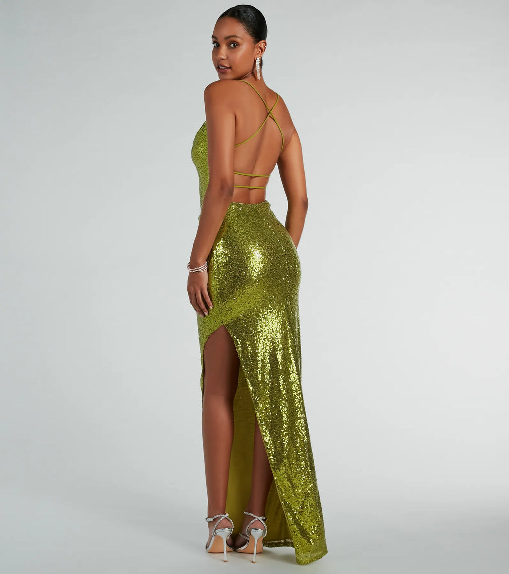Jennifer high back sequin formal dress with straps Chartreuse