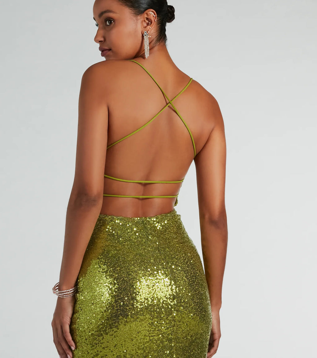 Jennifer high back sequin formal dress with straps Chartreuse