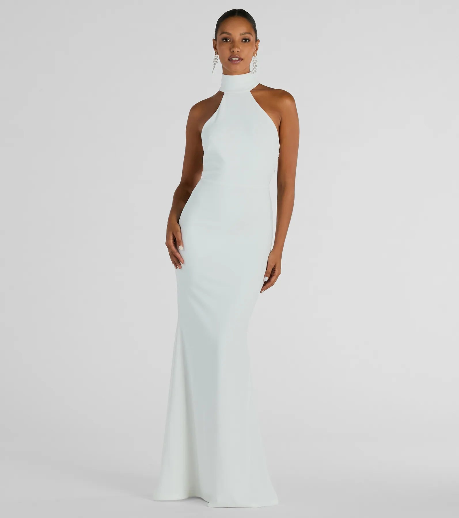 Sophisticated Floor Length Mermaid Button Closure Open-Back Stretchy Back Zipper Halter Dress With a Sash and Pearls