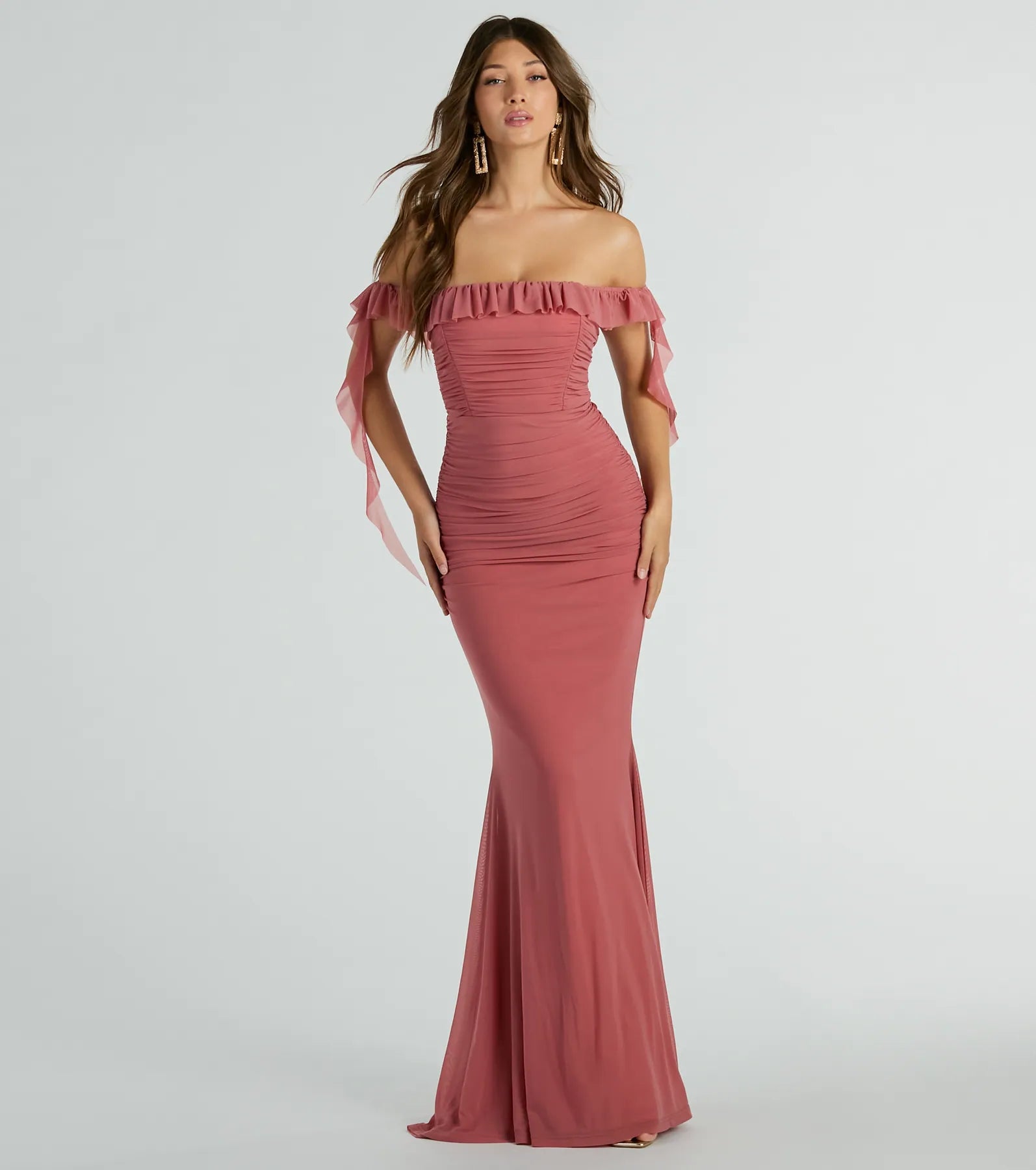 Sexy Sophisticated Mermaid Knit Ruched Mesh Stretchy Off the Shoulder Maxi Dress With Ruffles