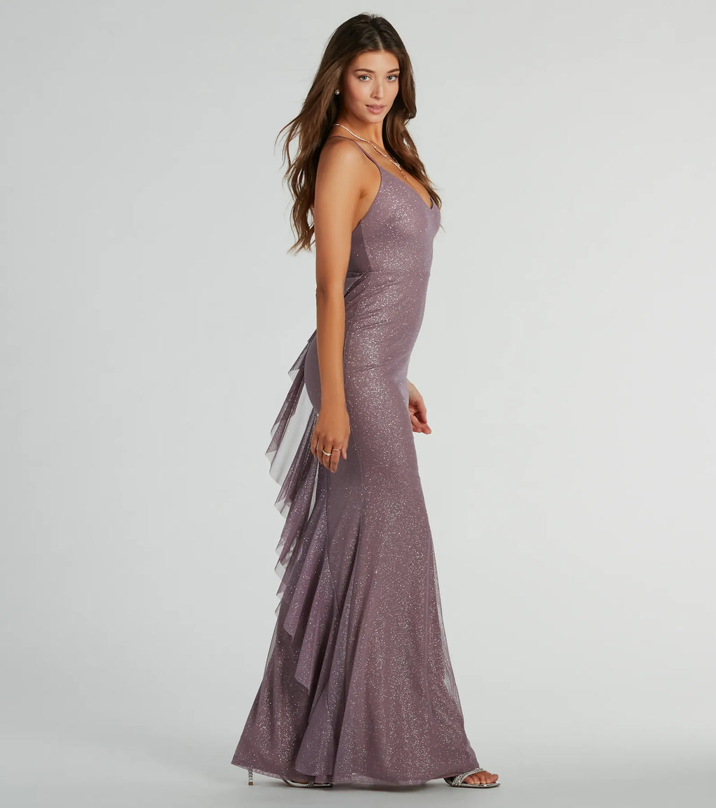 Linda Ruffled Sequin Formal Dress Lavender-2 Red Brown Sage Blue Lavender Navy Beige Sage-2 Lavender-3 Pink
