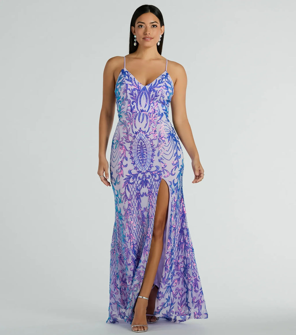 Catherine V-Neck Sequin Slit Mermaid Formal Dress Lavender