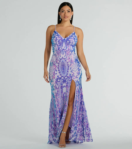 Catherine V-Neck Sequin Slit Mermaid Formal Dress Lavender