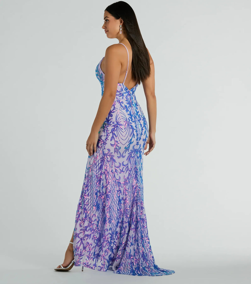 Catherine V-Neck Sequin Slit Mermaid Formal Dress Lavender