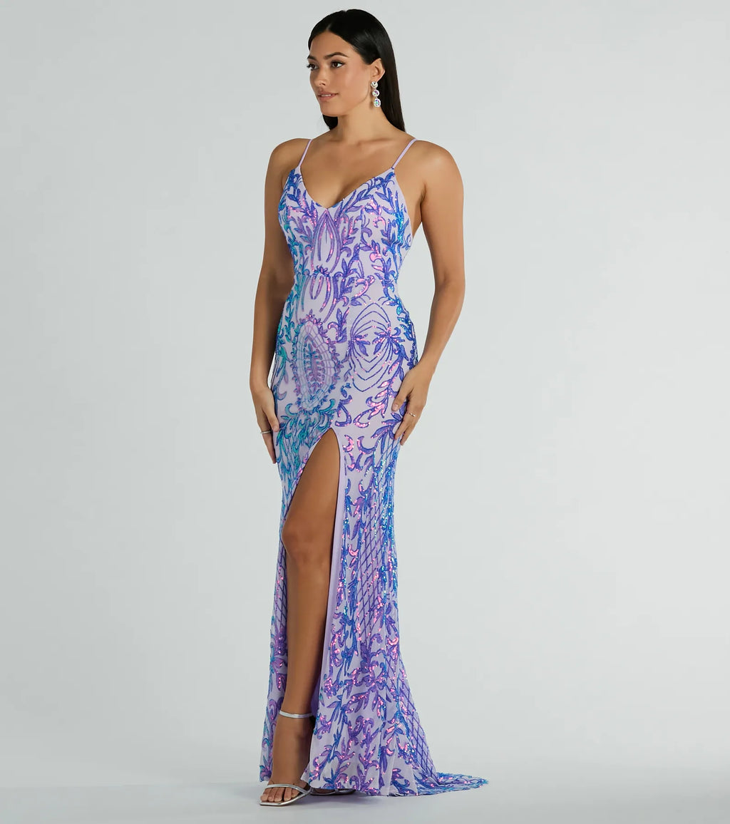 Catherine V-Neck Sequin Slit Mermaid Formal Dress Lavender