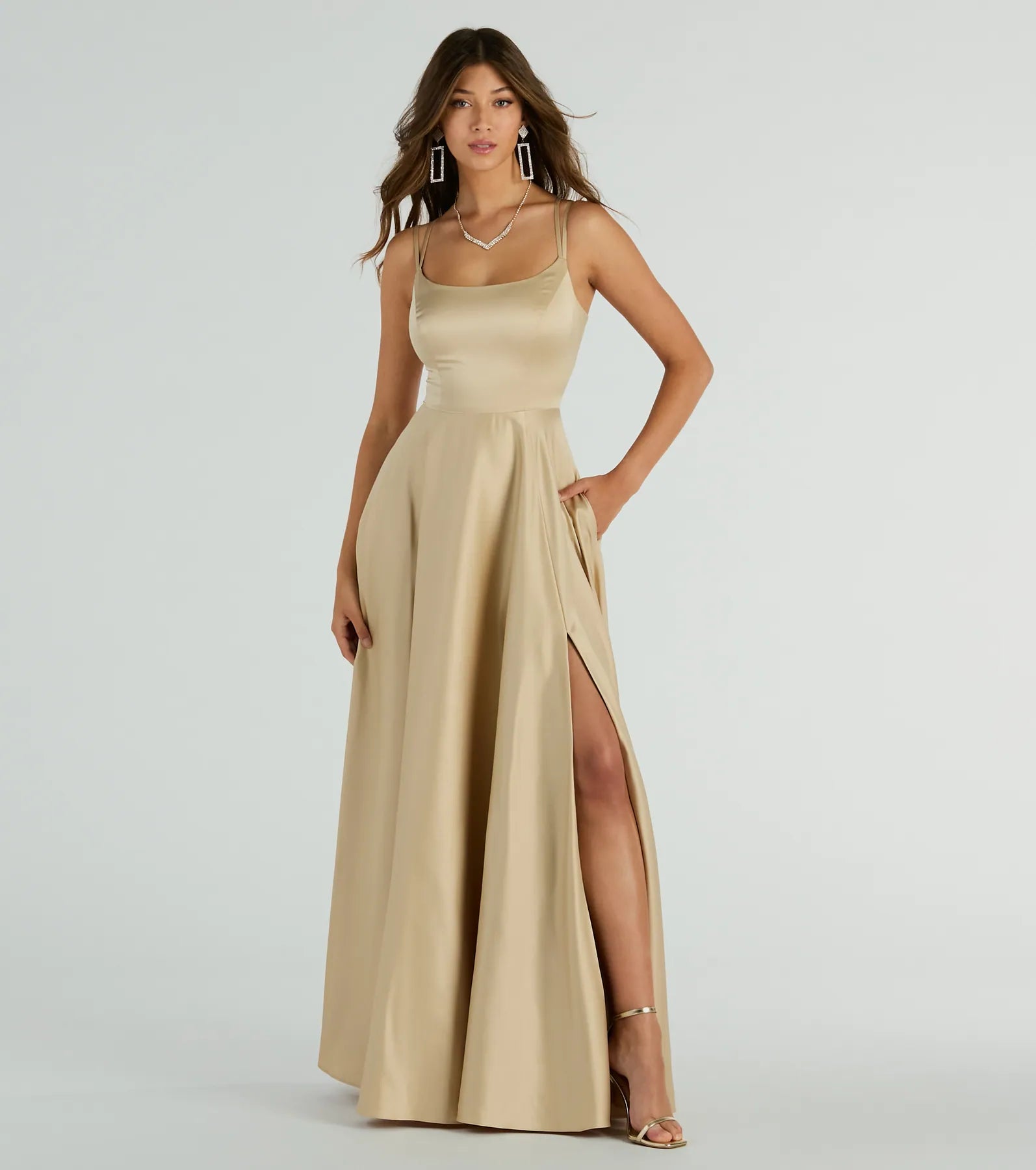 A-line Satin Slit Pocketed Lace-Up Back Zipper Floor Length Spaghetti Strap Scoop Neck Bridesmaid Dress