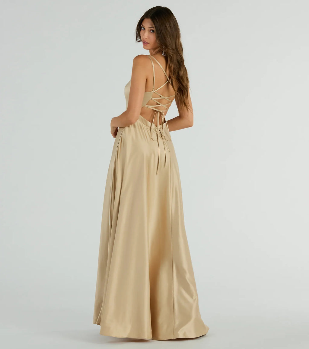 Cassandra lace-up satin trapeze formal dress Gold