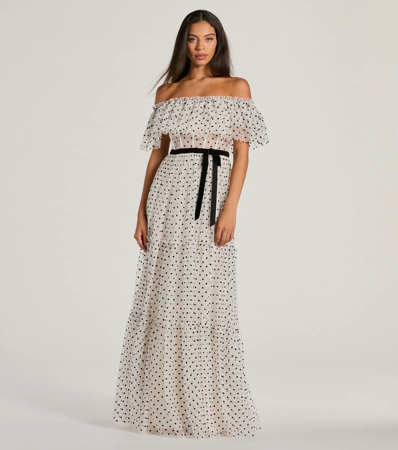 A-line Mesh Hidden Back Zipper Fitted Sheer Belted Off the Shoulder Straight Neck Corset Waistline Polka Dots Print Dress With a Bow(s) and Ruffles