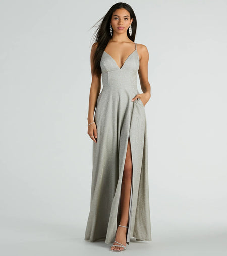 Mary Sequin Lace-up A-line Formal Dress with Pockets Silver Denim