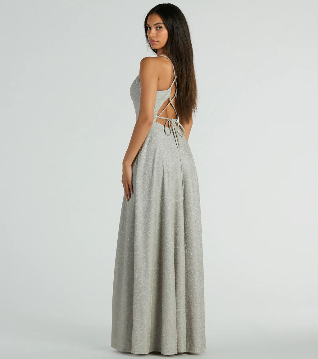 Mary Sequin Lace-up A-line Formal Dress with Pockets Silver Denim