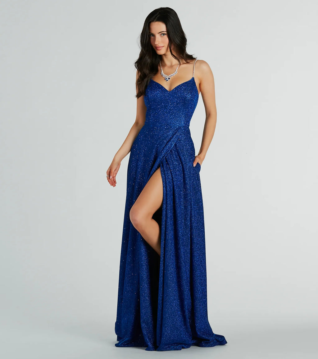 Alara Rhinestone Strap Sequined A-Line Formal Dress Royal