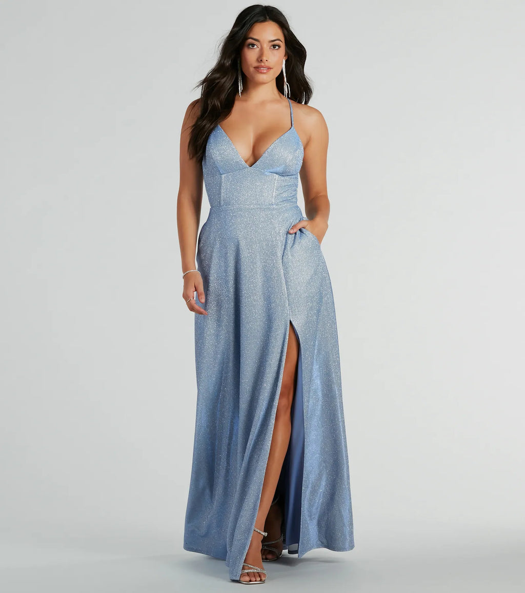 Mary Sequin Lace-up A-line Formal Dress with Pockets Silver Denim