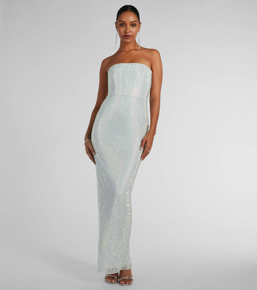 Brittney Rhinestone Strapless Long Formal Dress Light Blue White