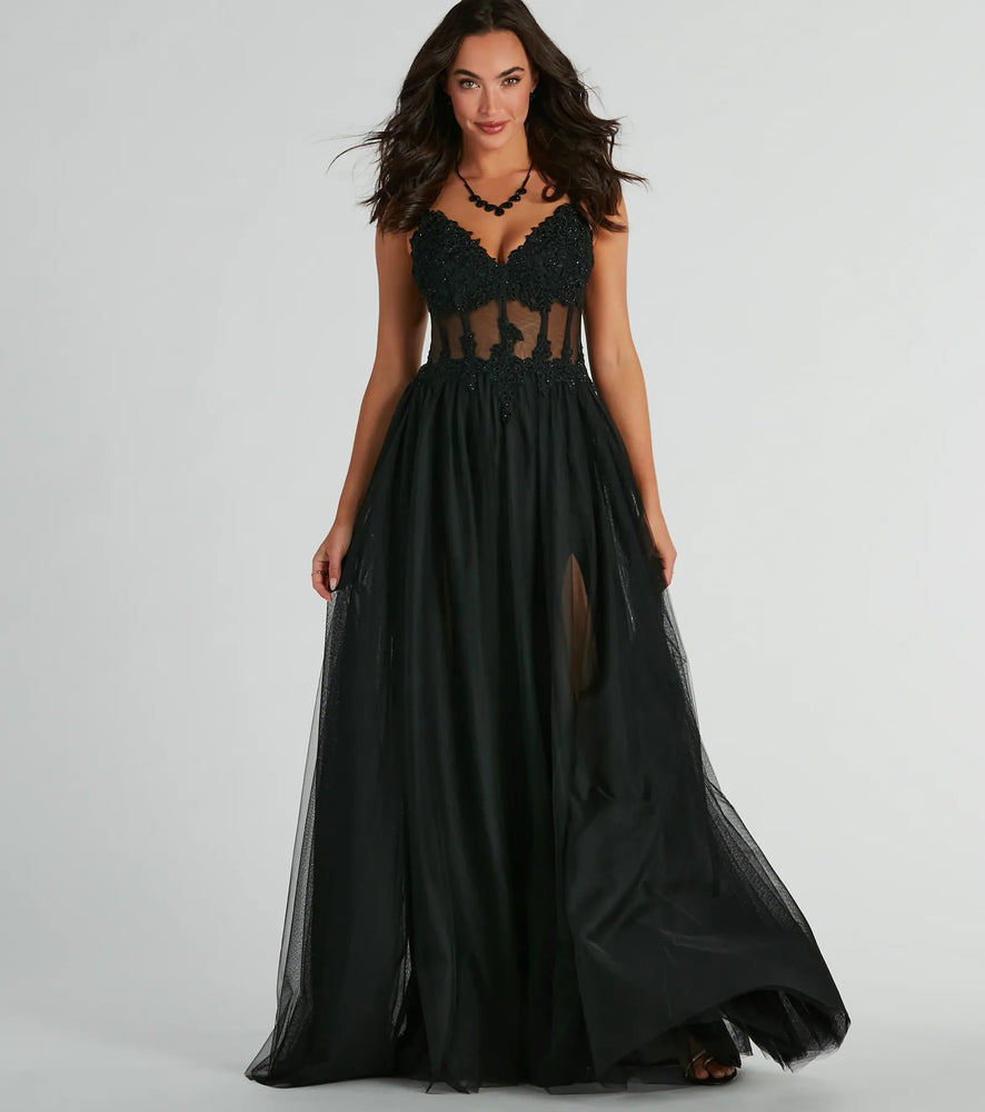 Fatima V-Neck Embroidered A-Line Tulle Dress in Black