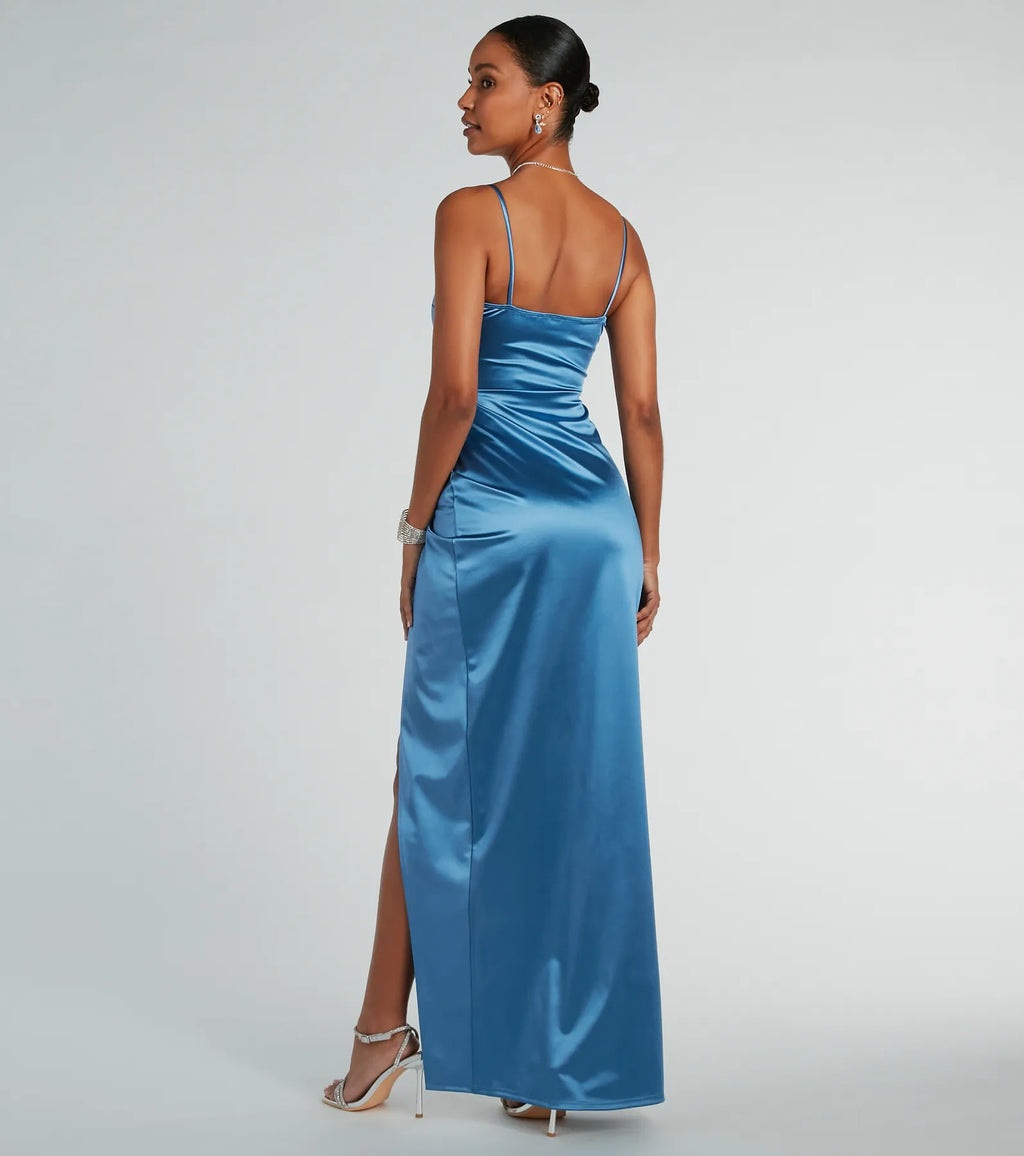 Mayra satin formal slit maxi dress Sage Red Rose Gold Hunter Taupe Navy White Magenta Black Royal Denim Rose Gold-2