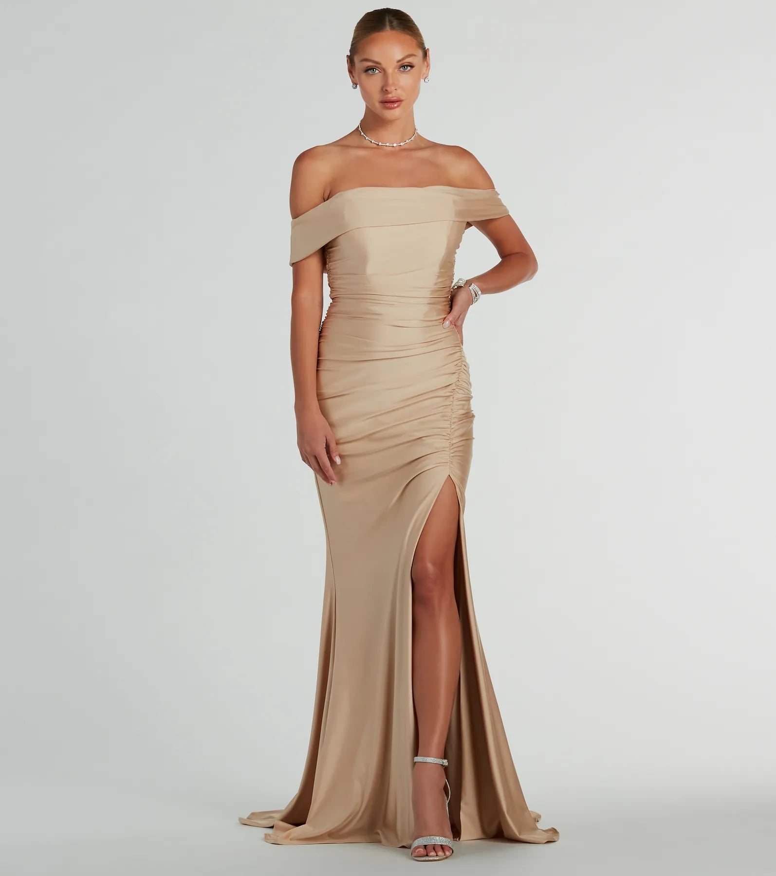 Sophisticated Knit Mermaid Slit Ruched Floor Length Off the Shoulder Evening Dress/Bridesmaid Dress