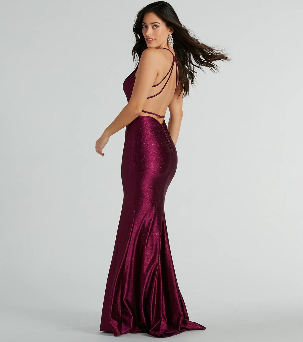 Mindy glittery satin mermaid dress with straps Denim Plum