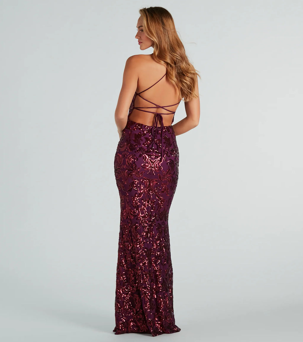 Taisia Sequin Scroll Formal Dress Lavender Hunter White Plum