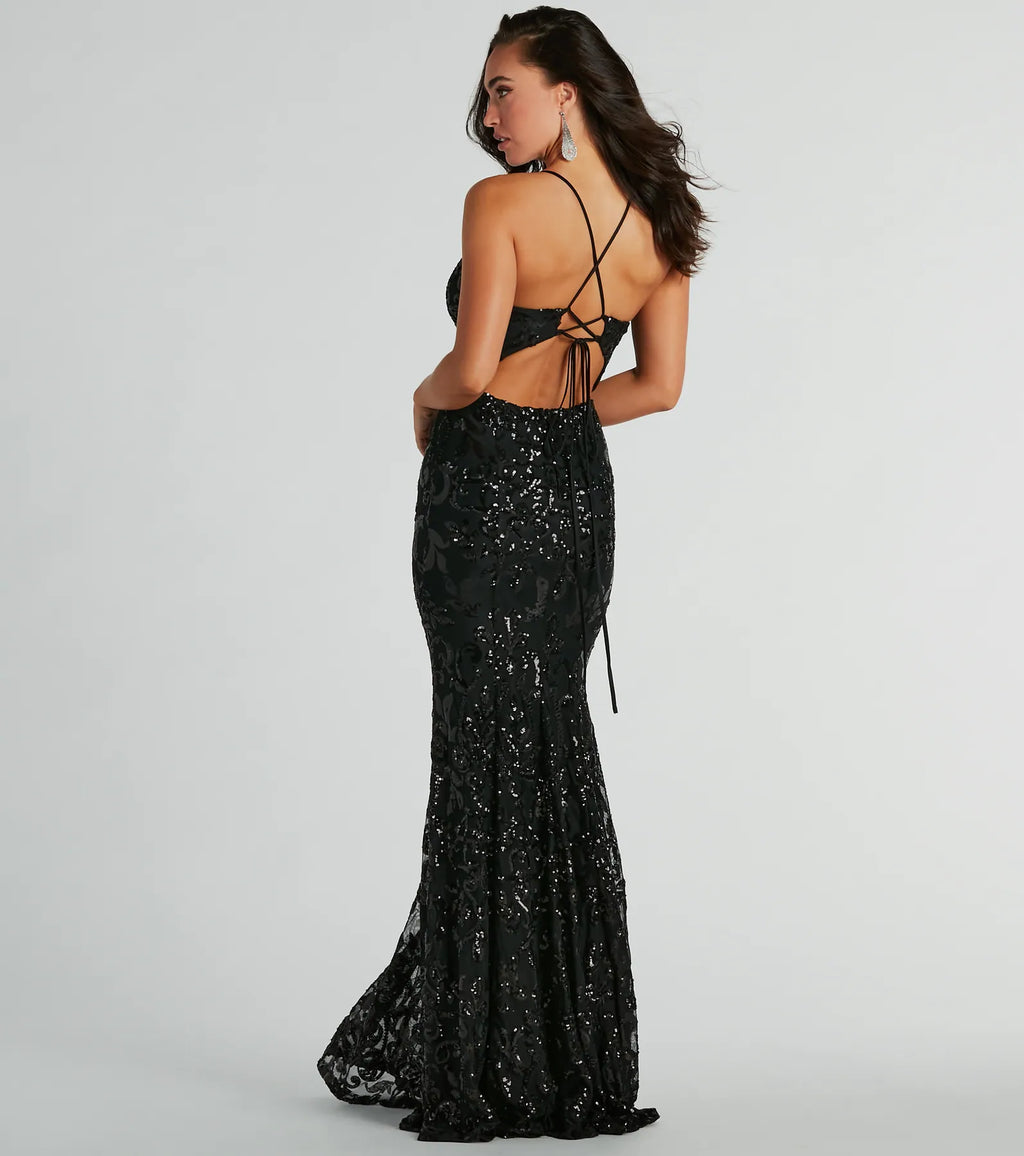 Emma sequined mermaid dress with straps at the back Black Magenta