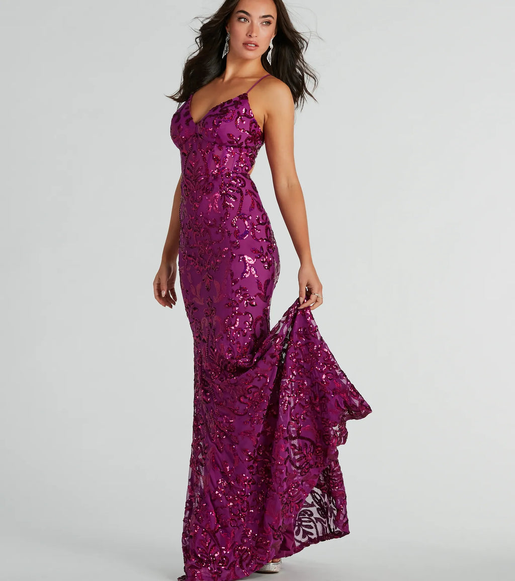 Emma sequined mermaid dress with straps at the back Black Magenta