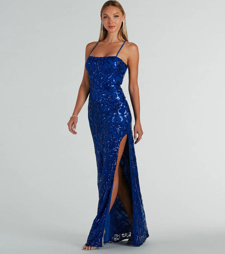 Dalia mesh and sequin lace-up mermaid dress Orange Lime Royal