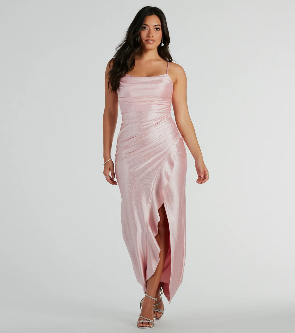 Ellen Ruffle Slit Maxi Formal Dress Pink
