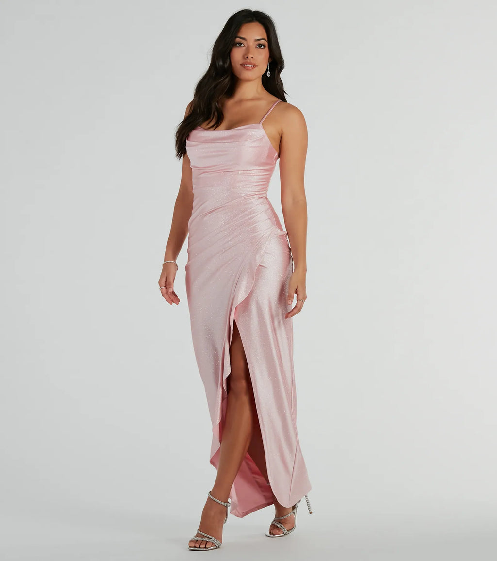 Ellen Ruffle Slit Maxi Formal Dress Pink