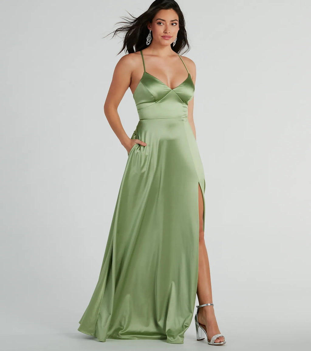 Vienna lace-up satin trapeze formal dress Sage Purple