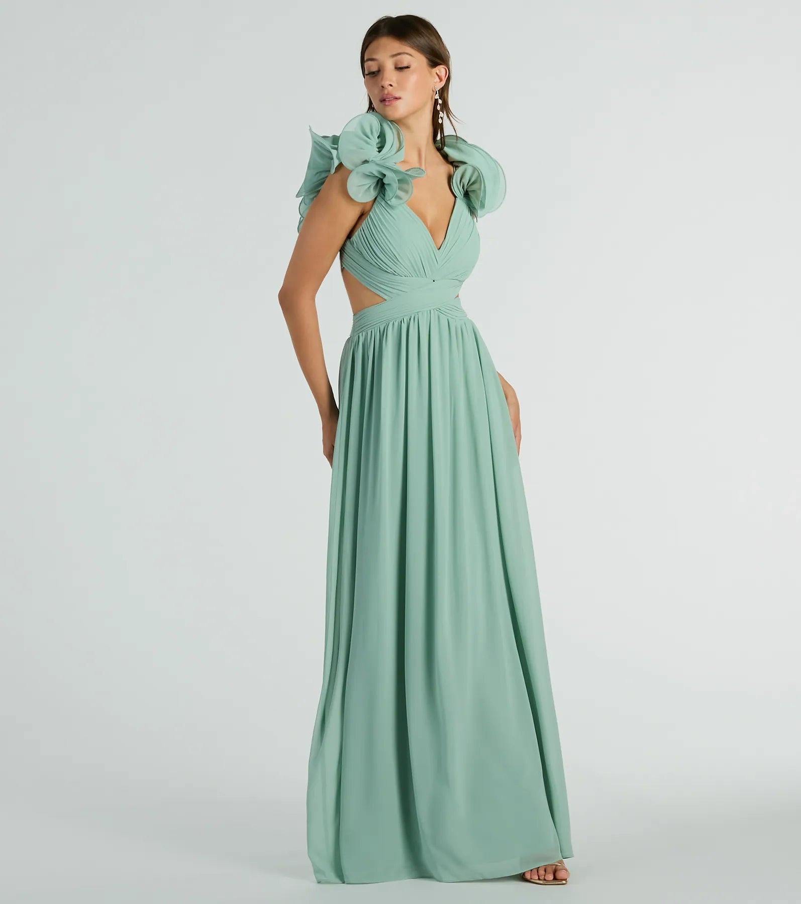 A-line V-neck Back Zipper Pleated Lace-Up Cutout Stretchy Floor Length Bridesmaid Dress With Ruffles