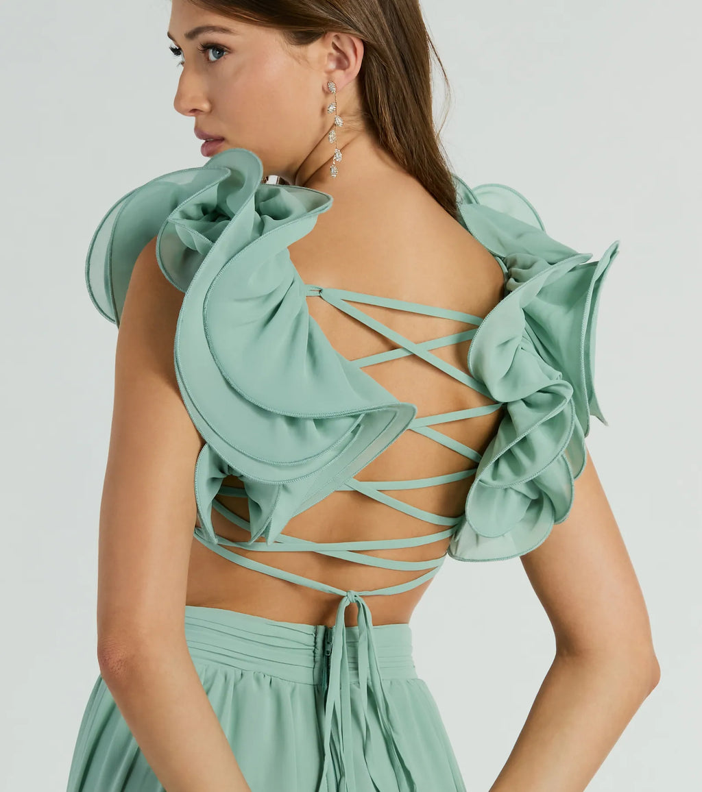 Anne Marie lace-up ruffled chiffon A-line formal dress Mauve Sage Navy