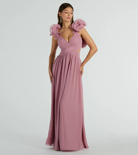 Anne Marie lace-up ruffled chiffon A-line formal dress Mauve Sage Navy