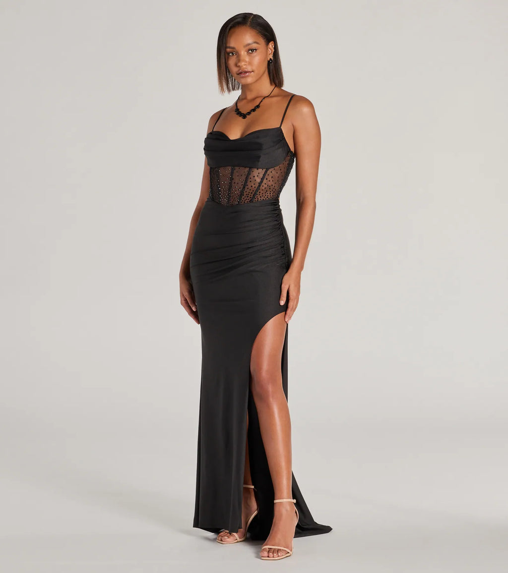 Sadie Rhinestone Corset Open Back Formal Mermaid Dress Black