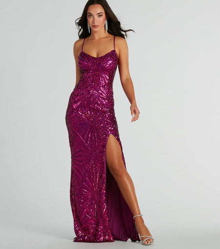 Regina Sequin Mermaid Lace-Up Mesh Formal Dress Magenta Royal