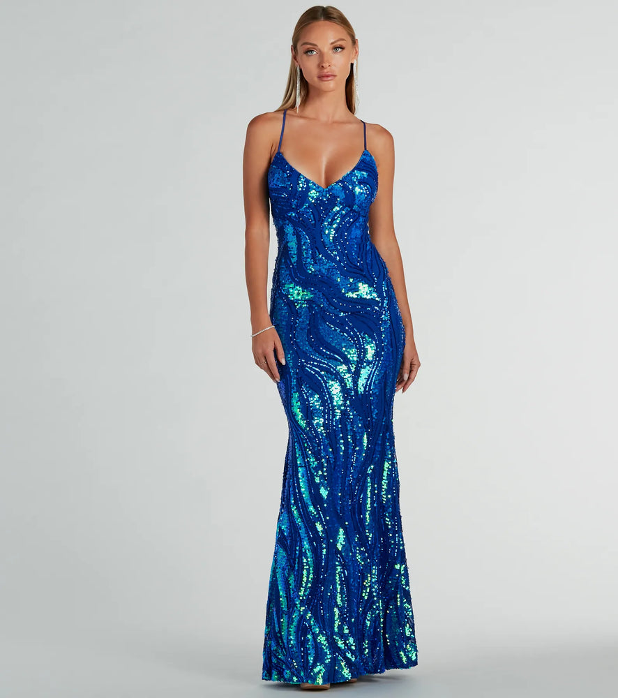 Acacia Iridescent Sequin Lace-Up Formal Dress in Royal Blue