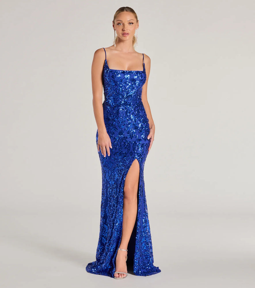 Windsor Kailani Formal Sequin Slit Mermaid Dress in Royal Blue