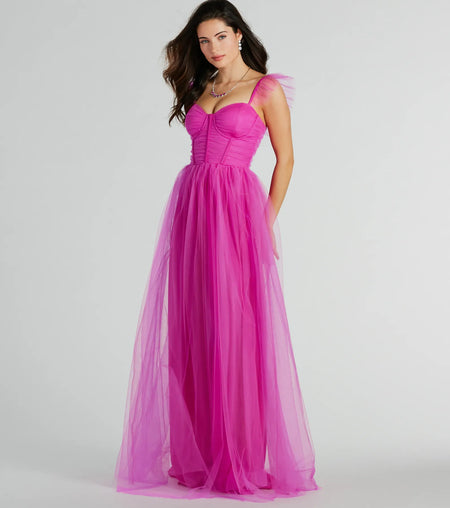 Amber Corset Ruffle Tulle A-Line Formal Dress Magenta