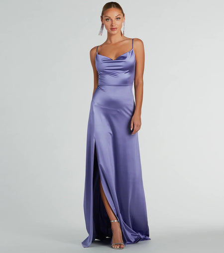 Ellie Cowl Neck Satin Maxi A-Line Dress Lavender Rose Gold Navy