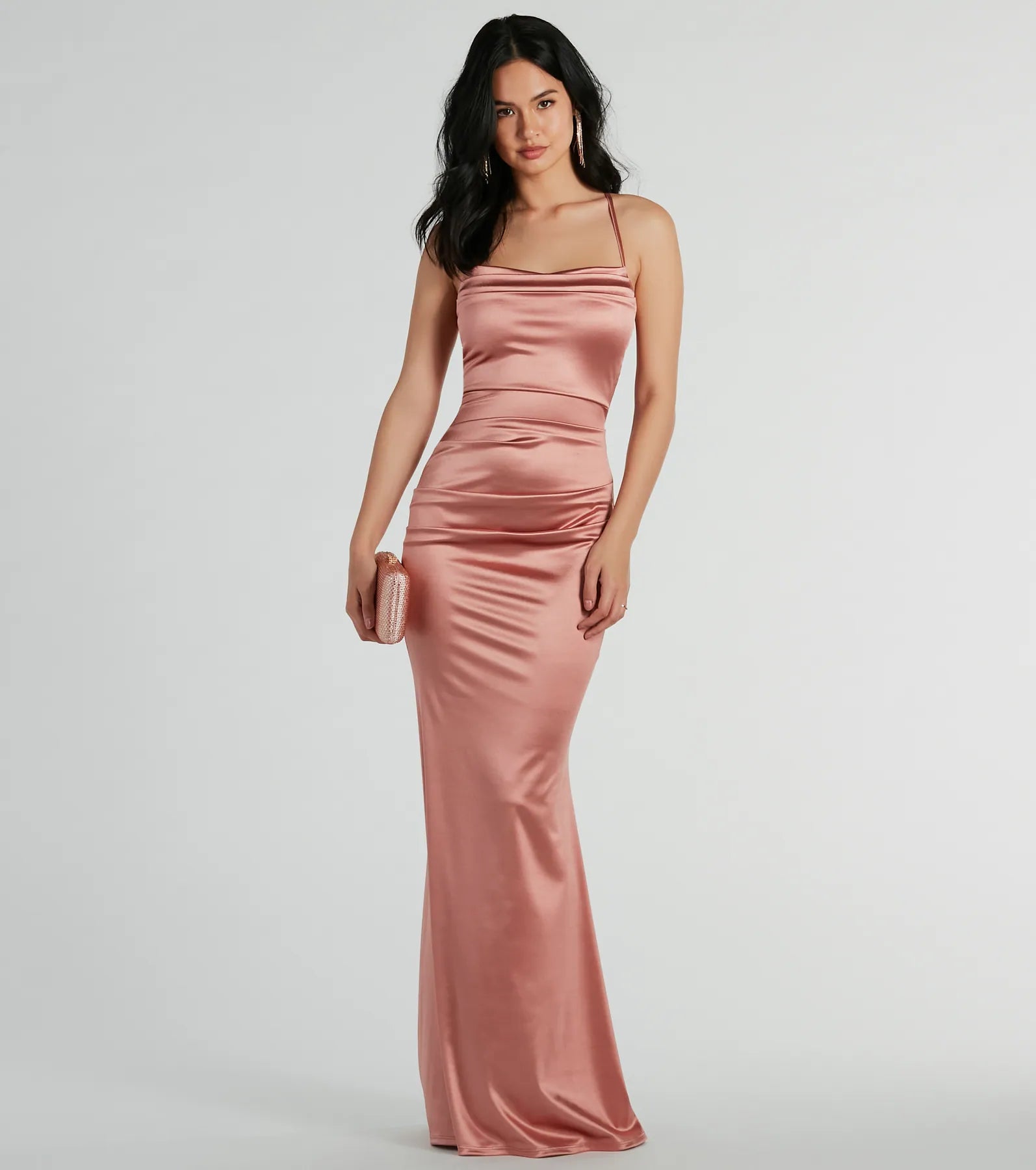 Mermaid Floor Length Pleated Satin Spaghetti Strap Cowl Neck Dress