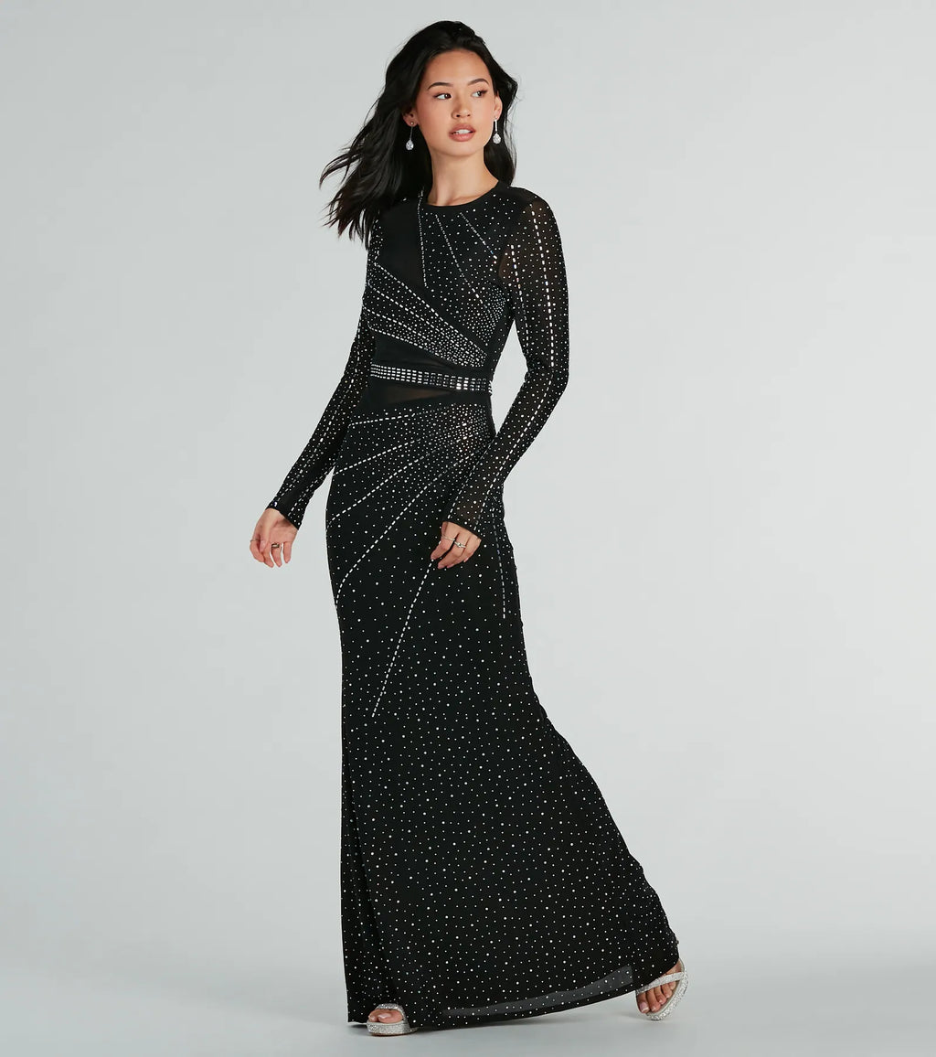 Sofia Long Sleeve Rhinestone Mesh Mermaid Dress Black