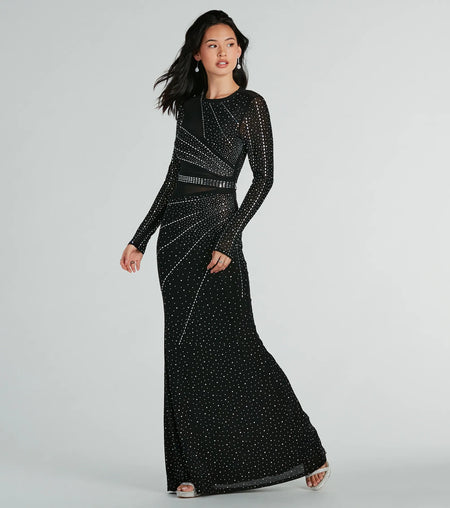 Sofia Long Sleeve Rhinestone Mesh Mermaid Dress Black