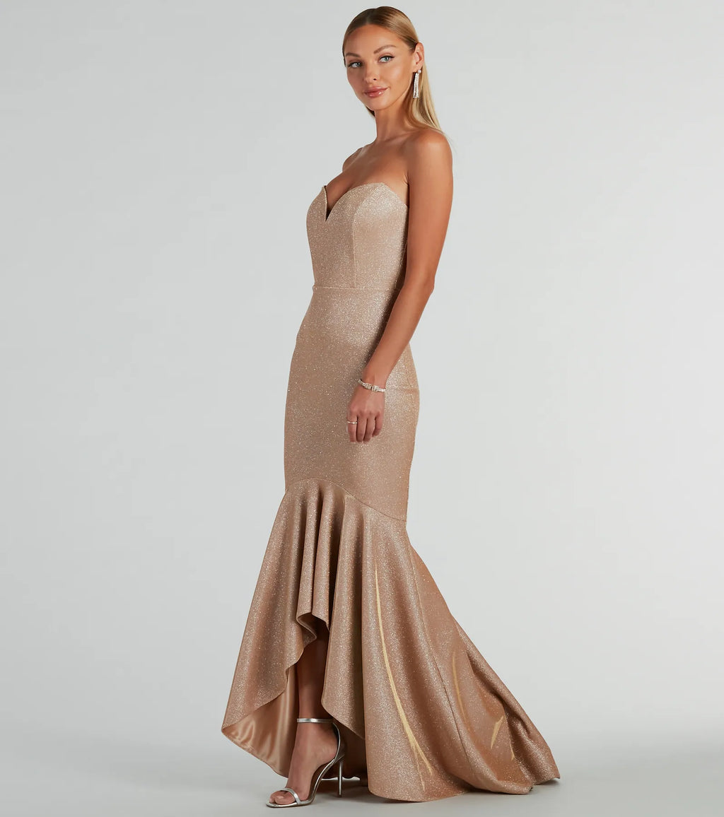 Kimora Strapless High Low Mermaid Formal Dress Gold