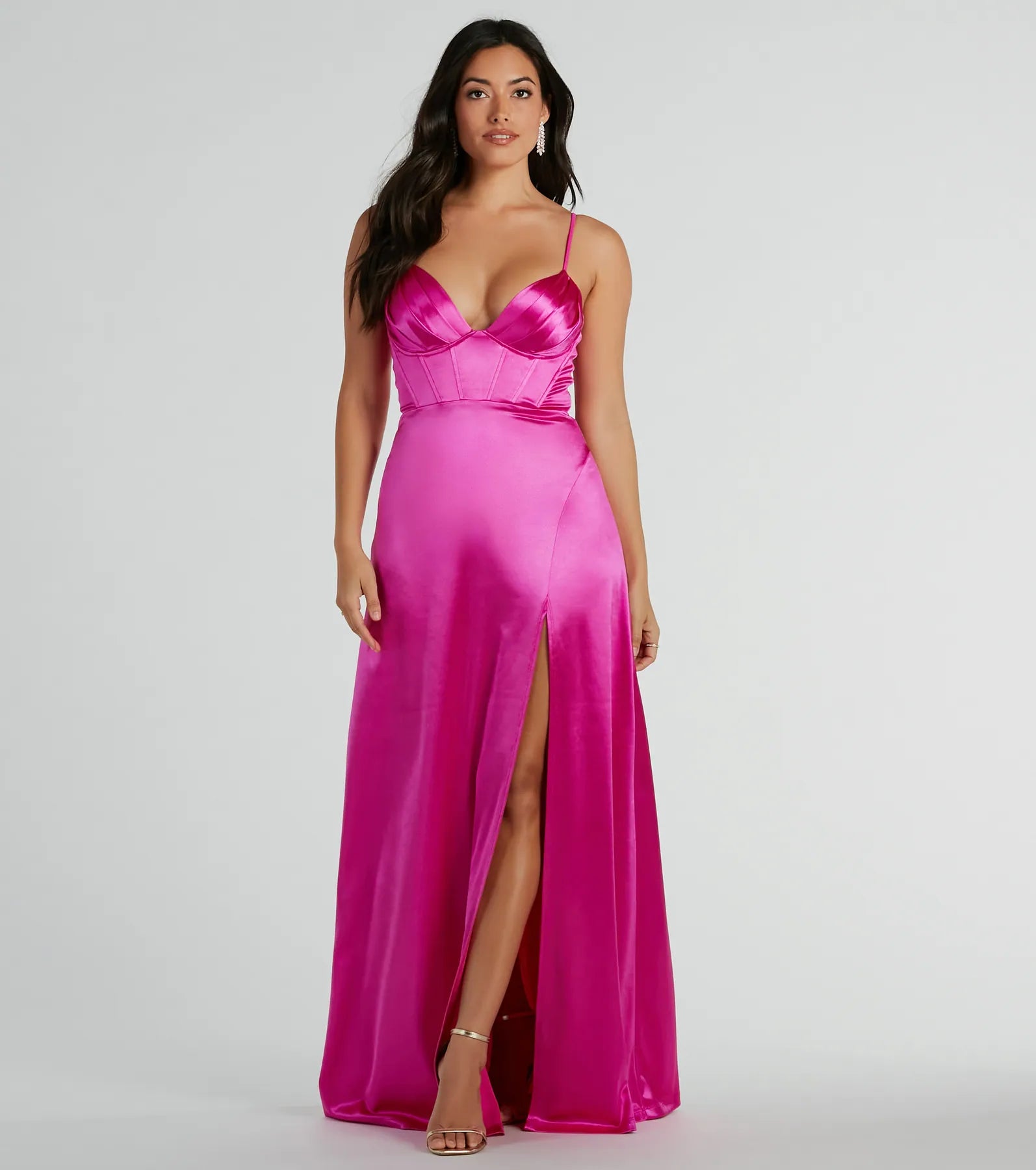 Sexy A-line V-neck Spaghetti Strap Satin Slit Back Zipper Corset Waistline Dress