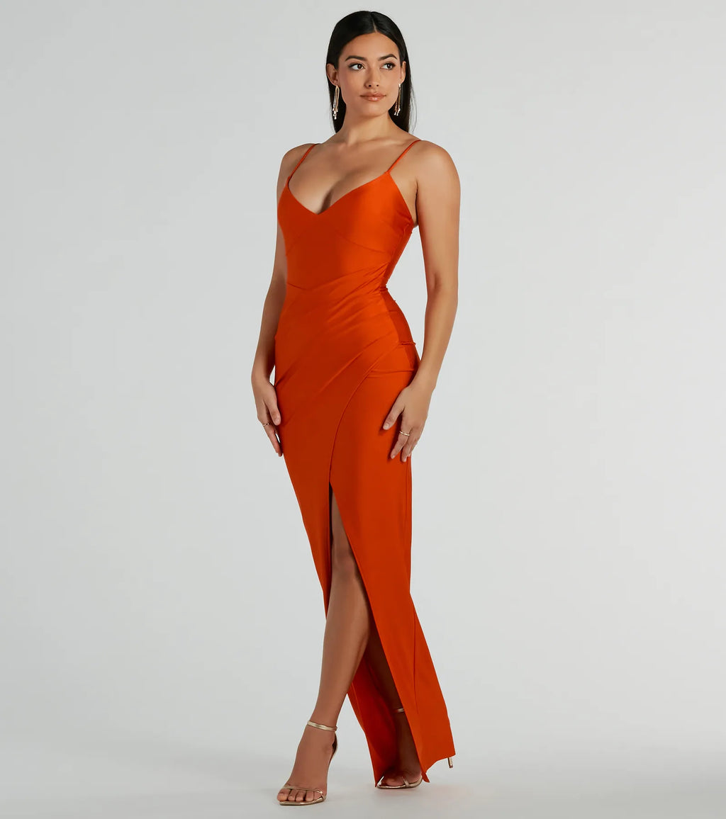 Brittney V-Neck Formal Slit Maxi Dress Sage Copper Red Orange Fuchsia