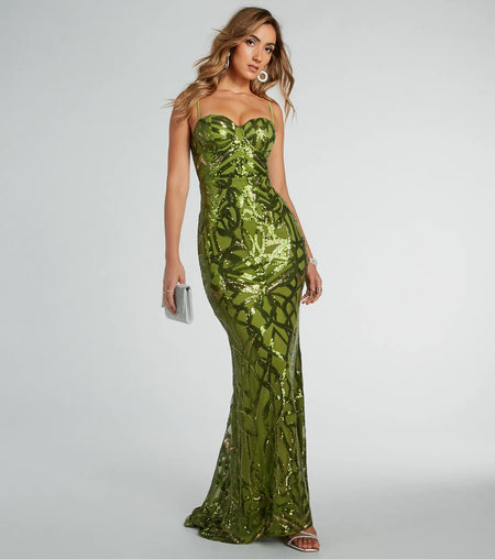 Sielle Sequin Strapless Mermaid Formal Dress Olive